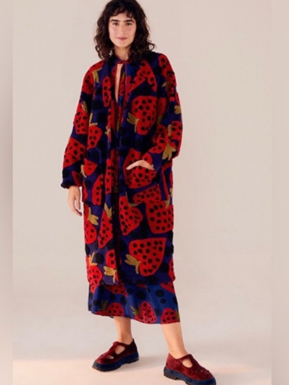 Farm Rio Maxi Strawberry Heartberry Fleece Coat Jacket